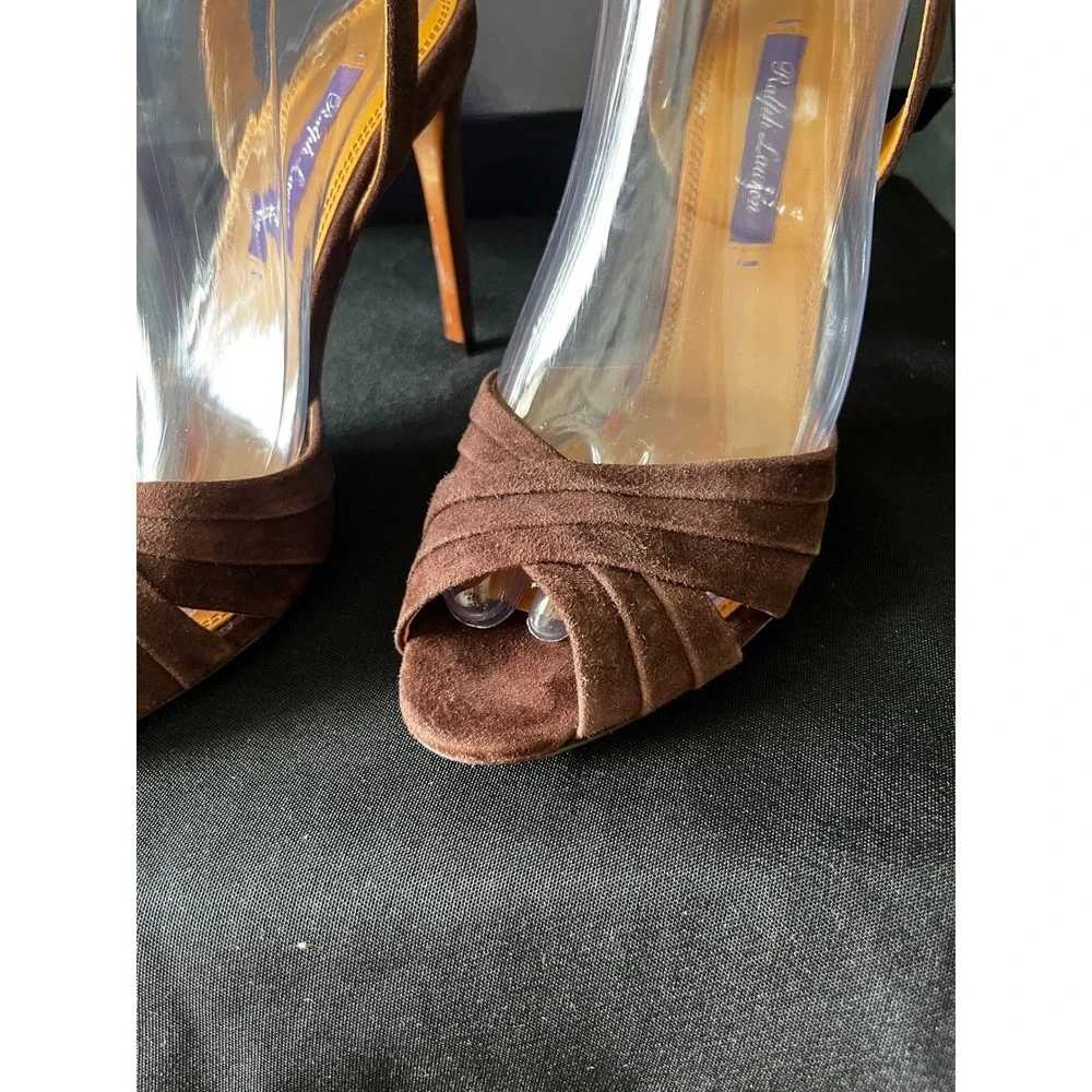 Ralph Lauren Purple Label Brown Suede Criss Cross Ankle‎ Strap Heels Size 38B